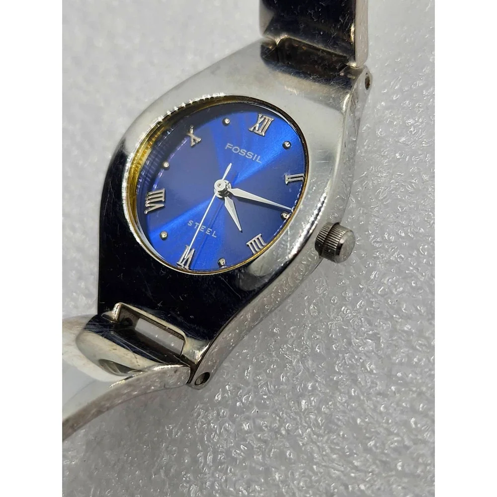 Fossil Steel Blue Watch FS-2562 Stainless Cuff Bracelet Silver Fashion Roman VTG - Picture 4 of 6
